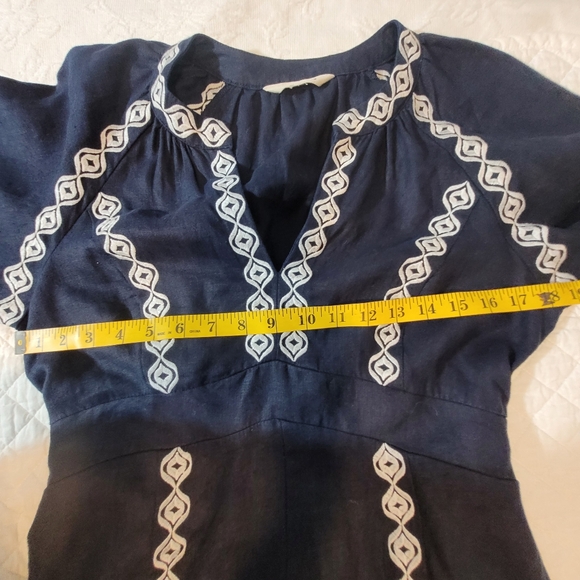 Boden UNA Blue Embroidered Elastic Waist Linen Maxi Bohemian Dress Size Large - Picture 13 of 15